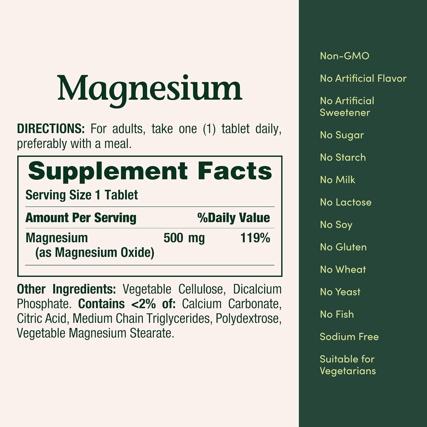 Nature’s Bounty Magnesium 500mg 200 Tablets Pack of 2 lebel details