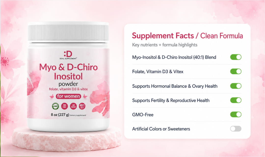 Supplement facts and clean formula banner for Deal Supplement Myo Inositol D-Chiro Inositol Powder