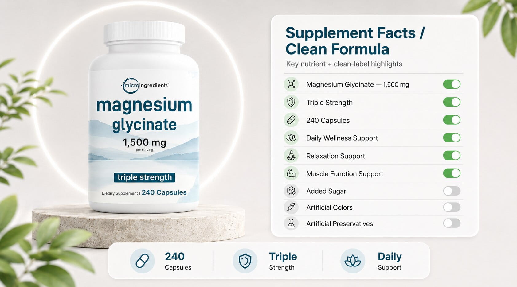 Supplement facts and clean formula banner for Micro Ingredients Magnesium Glycinate 1500mg 240 capsules