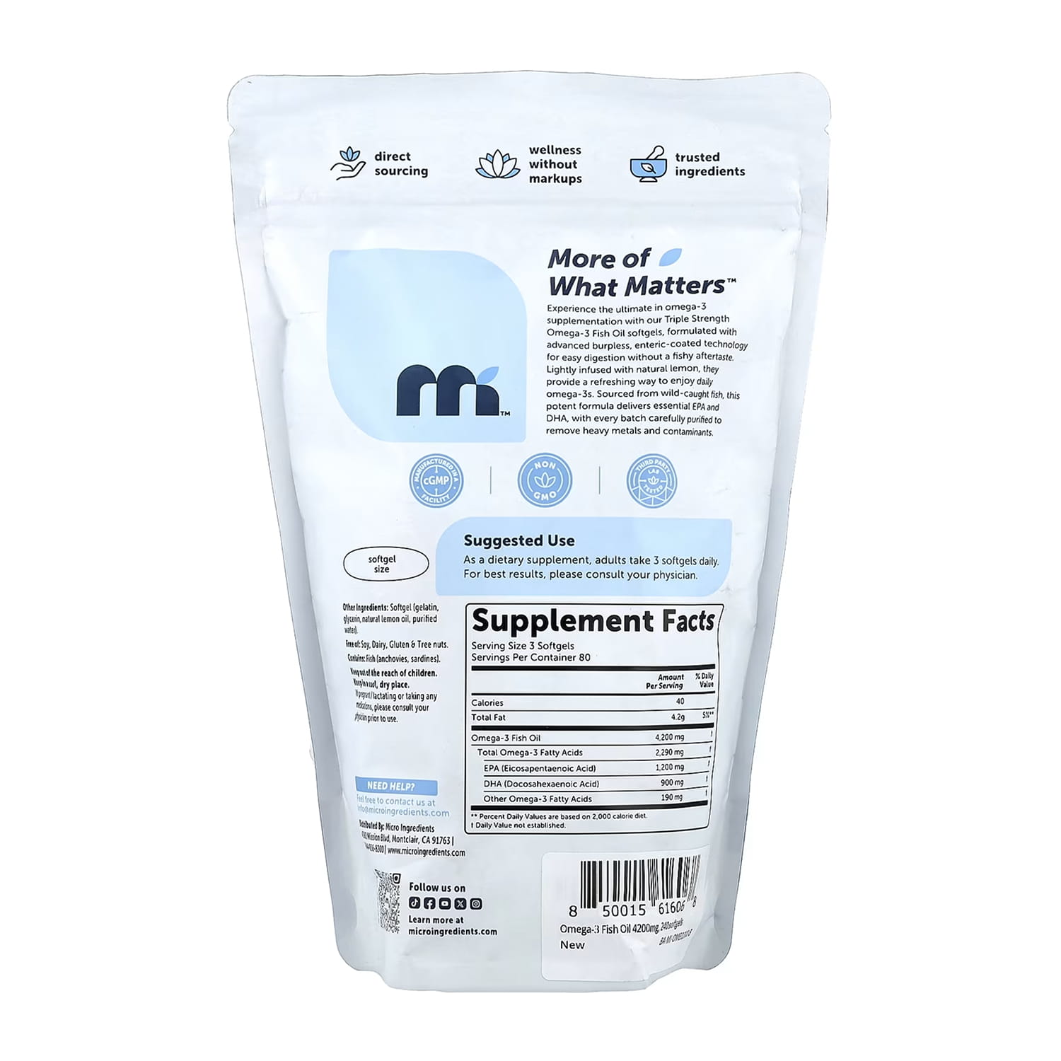 Micro Ingredients Omega-3 Fish Oil Lemon 240 Softgels back