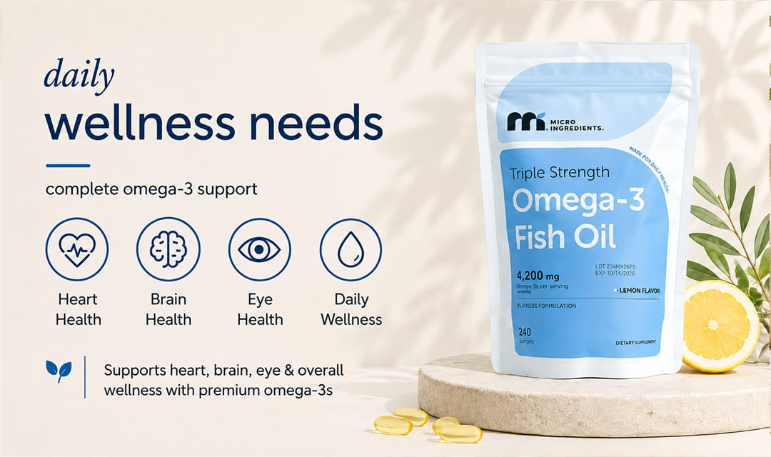 Health benefits banner for Micro Ingredients Omega-3 Fish Oil supporting heart brain and eye wellness