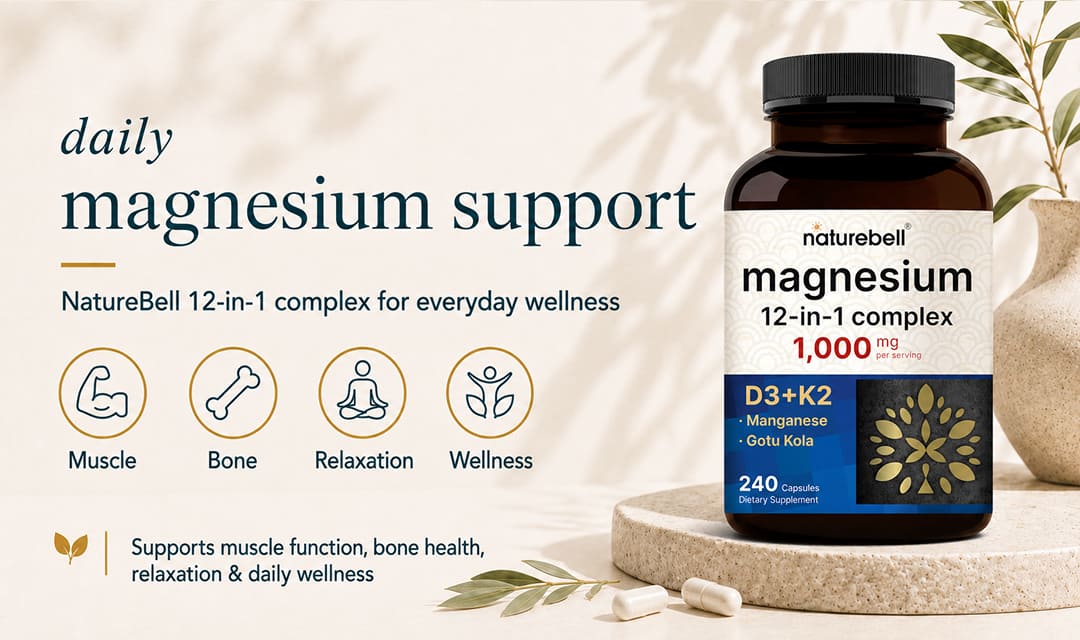 Supplement facts and clean formula banner for NatureBell 12-in-1 Magnesium Complex 1000mg 240 capsules