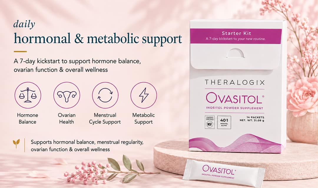 Health benefits banner for Theralogix Ovasitol supporting hormonal, reproductive, and metabolic wellness