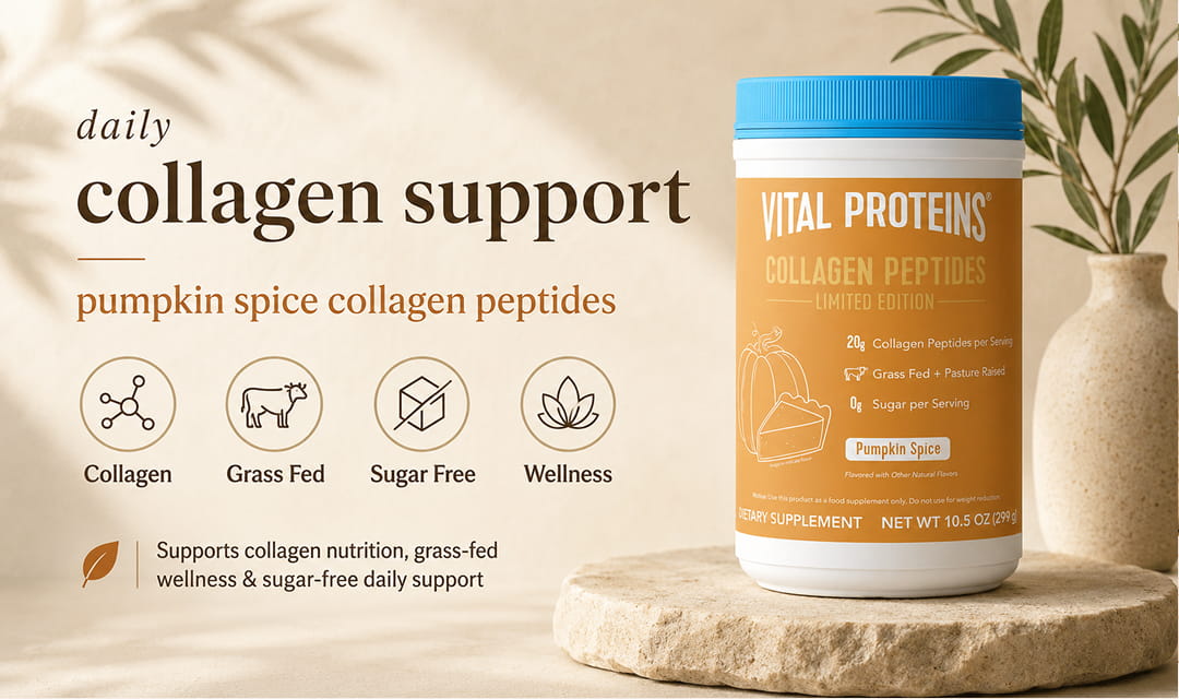 Health benefits banner for Vital Proteins Collagen Peptides supporting hair skin nails and joints
