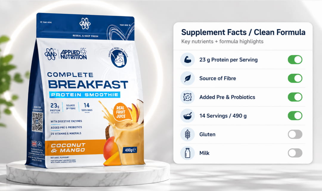 Supplement facts and clean formula banner for Applied Nutrition Complete Breakfast Smoothie Coconut and Mango 490g