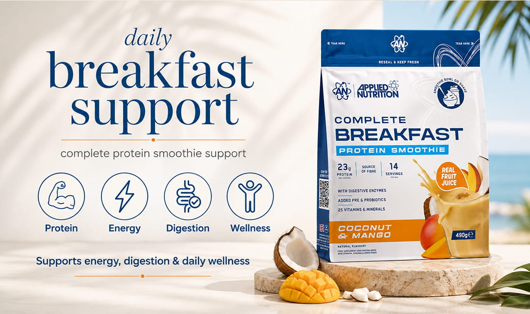 Health benefits banner for Applied Nutrition Complete Breakfast Smoothie Coconut and Mango supporting energy and daily wellness