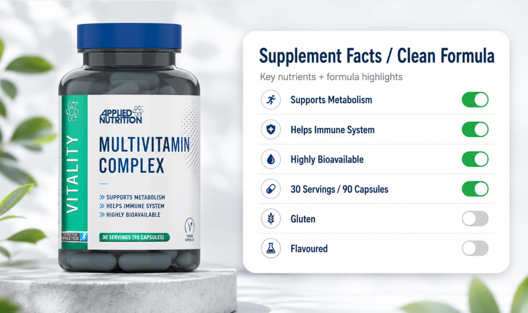 Supplement facts and clean formula banner for Applied Nutrition Multivitamin Complex 90 capsules