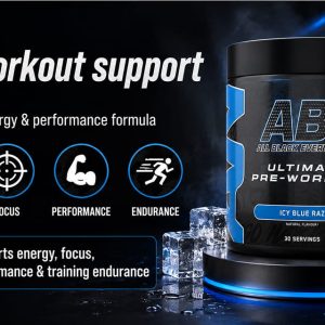 Health benefits banner for Applied Nutrition ABE Pre Workout Powder supporting energy, focus, and gym performance