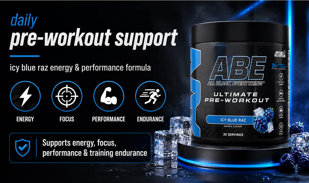 Health benefits banner for Applied Nutrition ABE Pre Workout Powder supporting energy, focus, and gym performance