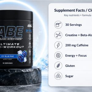 Supplement facts and performance formula banner for Applied Nutrition ABE Pre Workout Powder