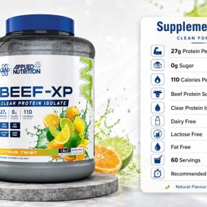 Supplement facts and clean formula banner for Applied Nutrition Beef-XP Clear Protein Isolate Powder