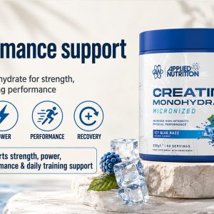 Health benefits banner for Applied Nutrition Creatine Monohydrate Powder supporting strength, power, and performance