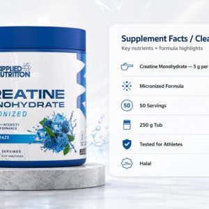 Supplement facts and performance formula banner for Applied Nutrition Creatine Monohydrate Powder