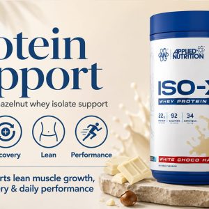 Health benefits banner for Applied Nutrition ISO-XP Whey Protein Isolate supporting lean muscle and recovery