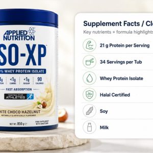 Supplement facts and clean formula banner for Applied Nutrition ISO-XP Whey Protein Isolate
