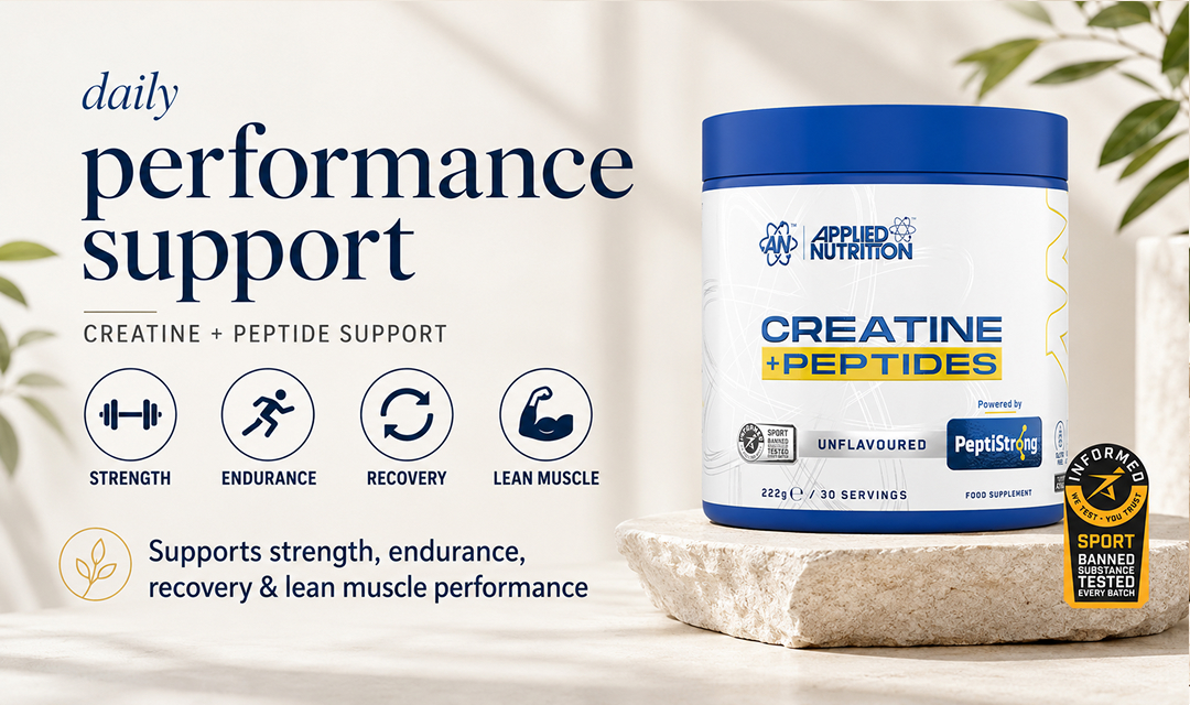 Health benefits banner for Applied Nutrition Creatine Peptide supporting strength endurance and recovery