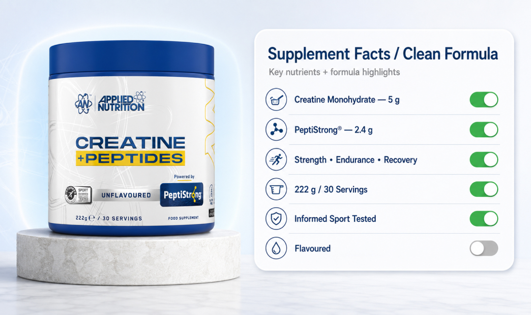 Supplement facts and clean formula banner for Applied Nutrition Creatine Monohydrate Peptide 222g